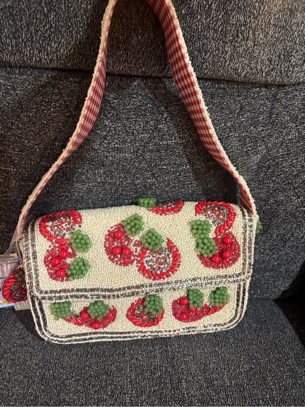 Beaded Shoulder Bag with Red Gingham